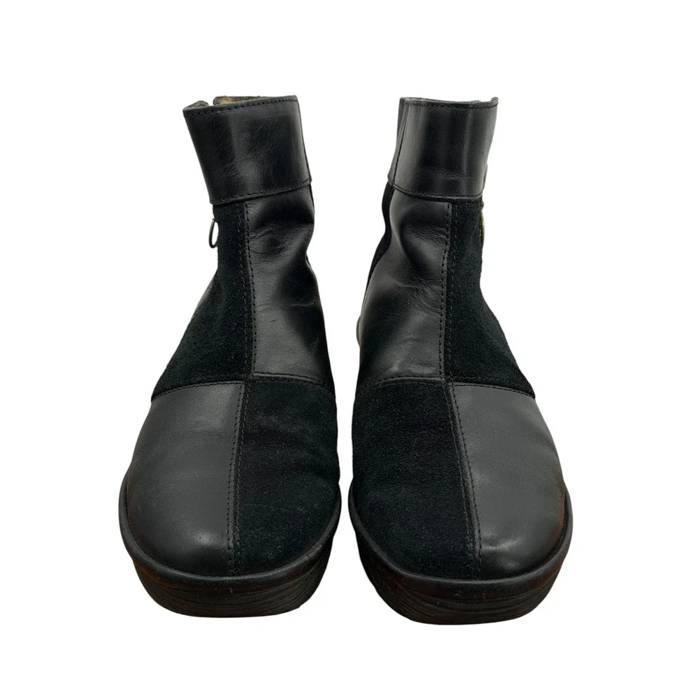 Fly London Wedge Ankle Checker Boot Women SZ 36 5.5 Black Leather Suede Comfort